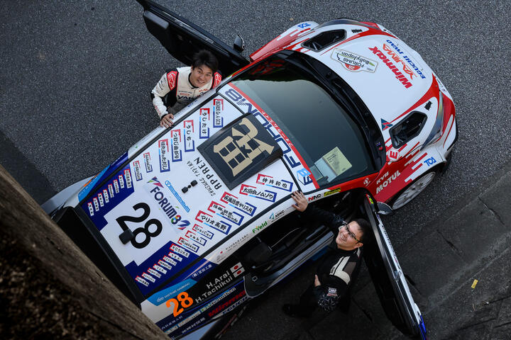 Rally team with competition car
